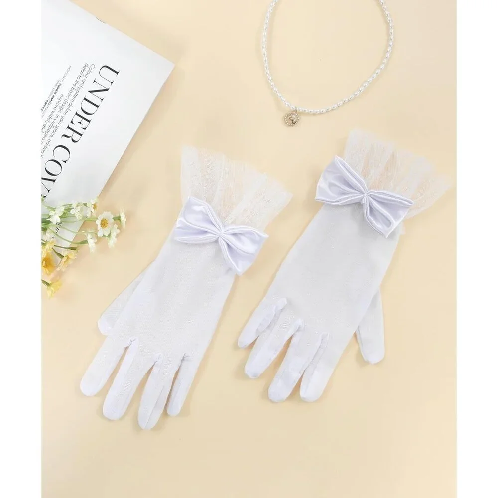Women's Bow Lace Short Gloves White Princess Wedding Evening Party Accessories
